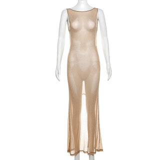 Glitter backless mesh slit maxi dress