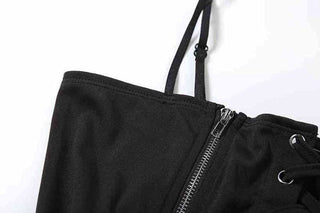 Lace up zip-up ruffle cami mini dress