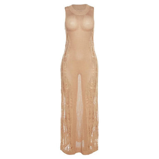 Crochet solid sleeveless see through round neck maxi dress-final-sale