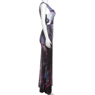 Contrast print irregular sleeveless backless maxi dress