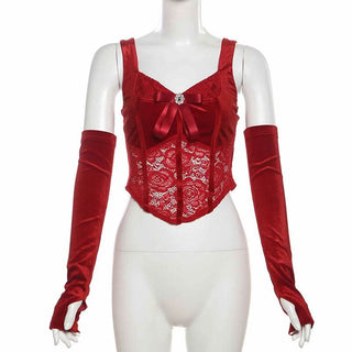 Gloves bowknot lace velvet patchwork cami top