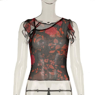 Irregular sheer mesh print ruffle top