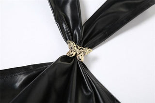 Halter PU leather button butterfly applique top