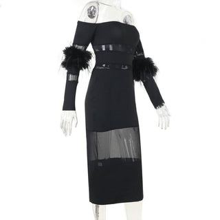 Off shoulder long sleeve fluffy mesh patchwork mini dress