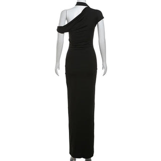 Short sleeve halter one shoulder irregular maxi dress