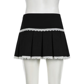 Lace hem pleated zip-up mini skirt