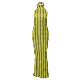 Waffle halter contrast backless high neck maxi dress