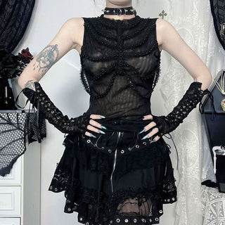 Sleeveless crewneck mesh beaded top