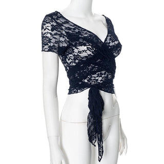 Short sleeve lace 2-way see through top