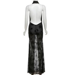 Cowl neck halter flower pattern mesh maxi dress