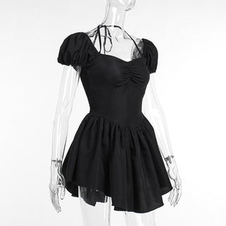 Short puff sleeve sweetheart neck ruched halter smocked mini dress