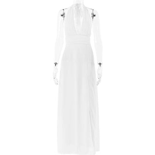 Halter deep v neck ruched high slit maxi dress