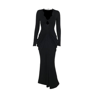Long sleeve v neck lace hem ruched maxi dress