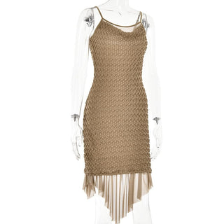Textured mesh solid ruched irregular cami midi dress - Final Sale