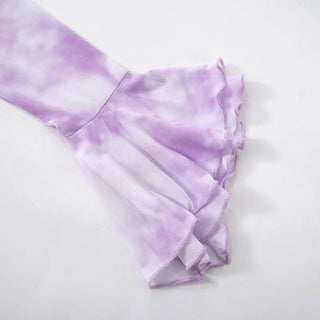 Long flared sleeve halter ruffle hollow out print cut out top