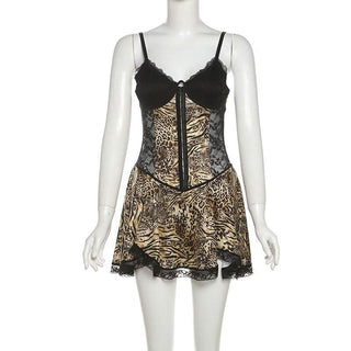 Lace hem leopard print v neck button cami mini dress