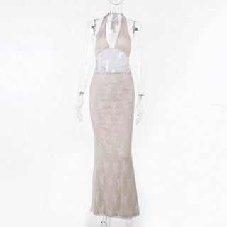 Halter v neck lace backless maxi dress