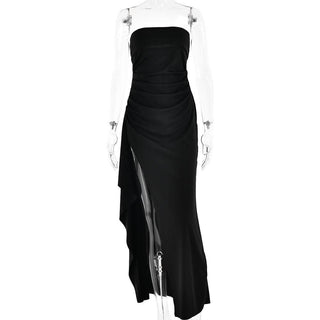 Ruched high slit irregular ruffle tube maxi dress-final-sale