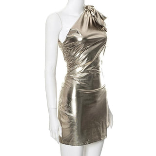 One shoulder bowknot metallic ruched mini dress
