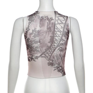 Sleeveless high neck print sheer mesh top