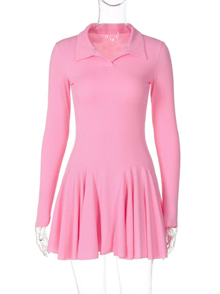 Turnover collar long sleeve solid mini dress