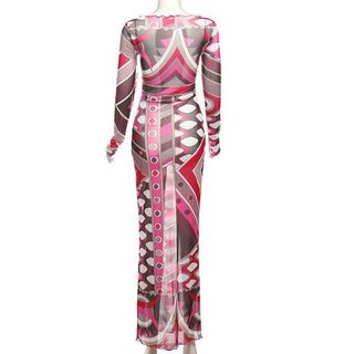 Long sleeve ruffle abstract mesh maxi dress