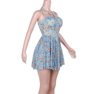 Halter sweetheart neck flower print mesh cami mini dress