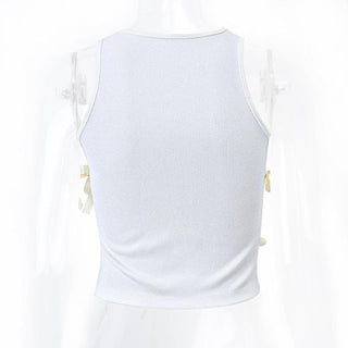 Sleeveless round neck lace up hollow out ribbed crop cut out top