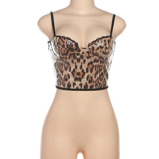 Leopard print lace hem glitter cami crop top