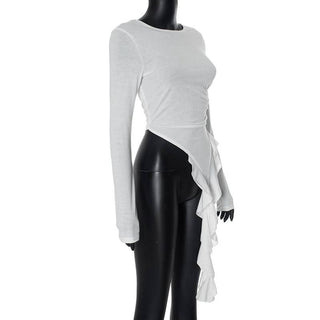 Long sleeve ruched irregular ruffle crewneck top