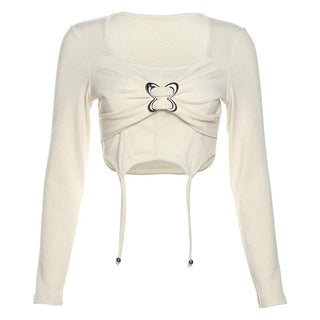 Patchwork butterfly buckle long sleeve solid square neck crop top