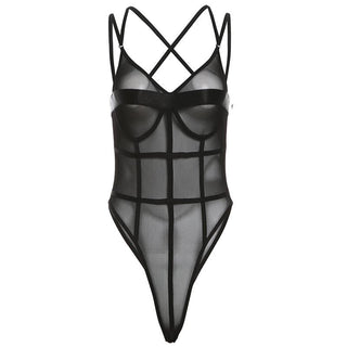 Stitch mesh patchwork cross back cami bodysuit