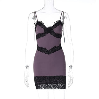 Lace hem patchwork v neck zip-up cami mini dress