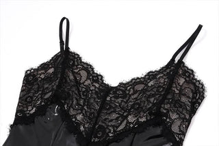 Lace hem v neck PU leather zip-up mini dress