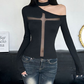One shoulder long sleeve cross pattern mesh top