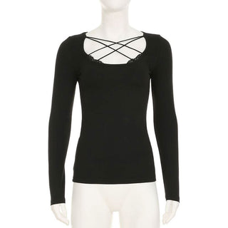 Cross front lace hem long sleeve hollow out cut out top