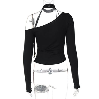 Halter one shoulder long sleeve beaded solid top