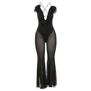 Flower applique ruffle lace up mesh cami jumpsuit