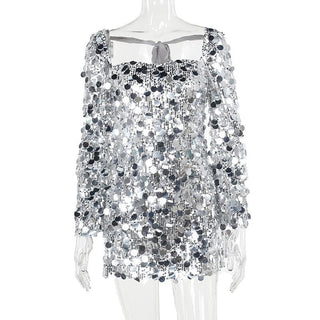 Glitter self tie long sleeve slit backless mini dress