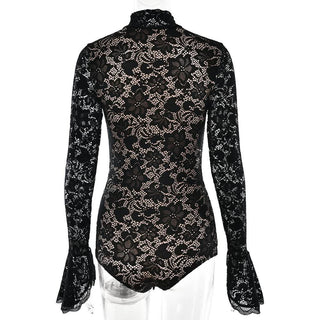 High neck long sleeve hollow out lace bodysuit