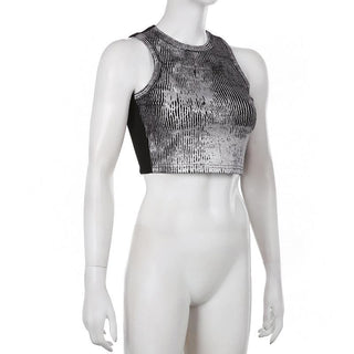 Textured contrast sleeveless crewneck patchwork crop top