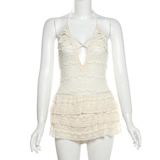 Halter self tie see through v neck hollow out cut out mini dress