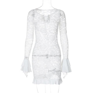 Long flared sleeve lace see through lace up mini dress