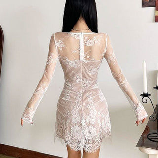 Long sleeve lace zip-up ruched mini dress