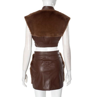 Cap sleeve fluffy PU leather patchwork zip-up mini skirt set