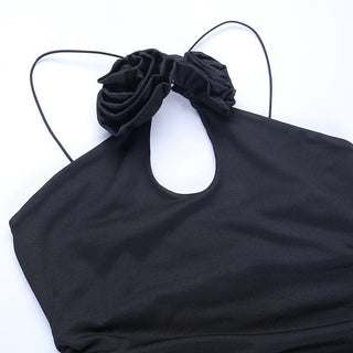 Ruched flower applique hollow out backless slit cut out mini dress