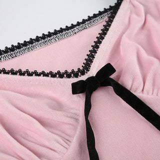 Short puff sleeve bowknot ribbon velvet top