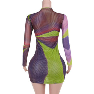 Long sleeve sheer mesh o ring print mini dress