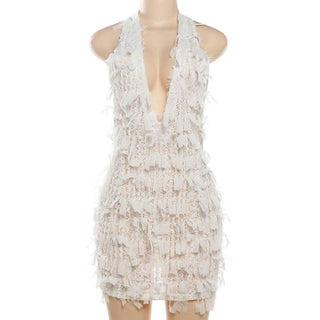 Deep V neck halter self tie backless zip-up mini dress