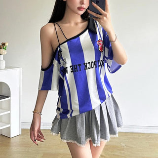 Off shoulder striped print letter print top